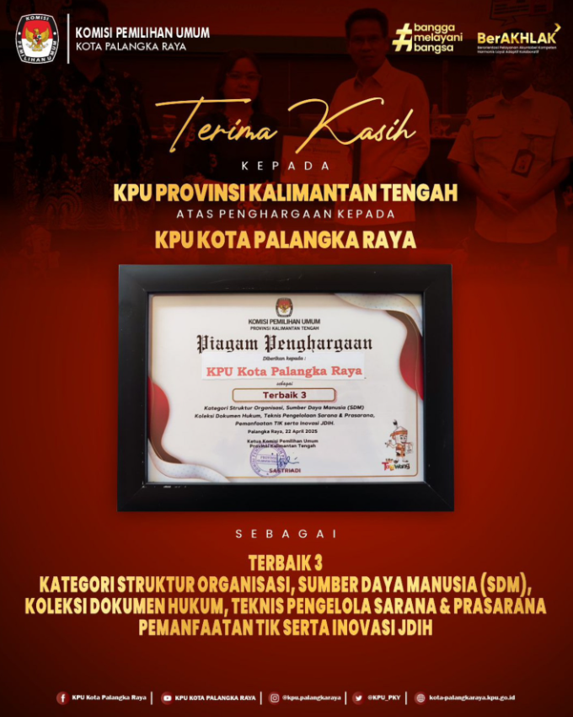 Penghargaan dari KPU Provinsi Kalimantan Tengah Kepada KPU Kota Palangka Raya
